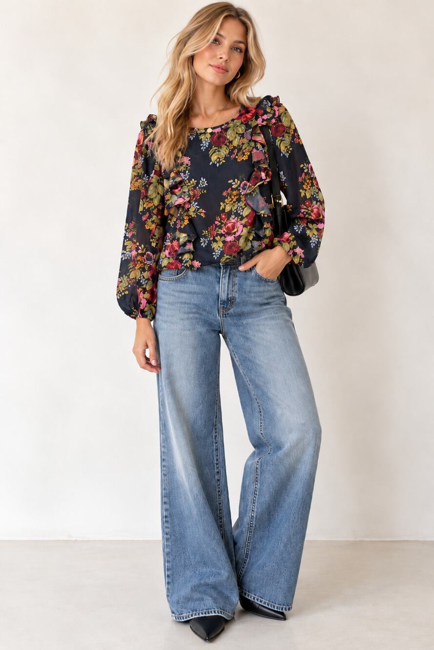 Revolve Likely Black Pink Floral Ruffled Blouse Womens XS Coquette Girly Fall